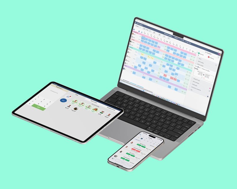 Workforce management across laptop, tablet and mobile, combining shift scheduling and time tracking in one connected digital solution.