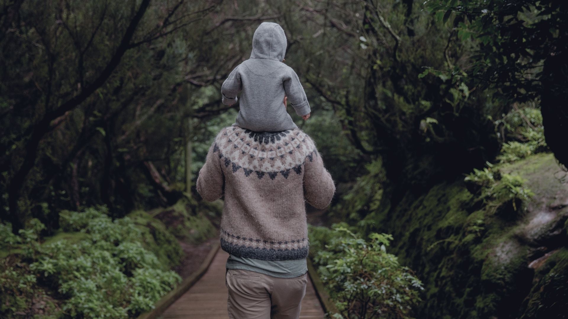 Man carrying son on shoulders through the woods